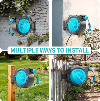 1/2" 150FT Retractable Garden Hose Reel, Wall Mounted Automatic Hose Reel with Upgraded 10 Pattern Nozzle/Any Length Lock/Slow Return System/180°Swivel Bracket, AquaBlue
