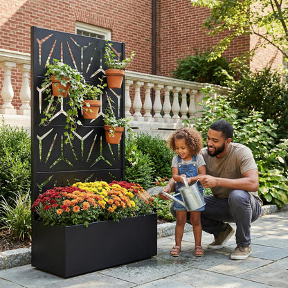 Casaphoria Metal Raised Garden Bed with Trellis and Wheels, 72"x47"x16" Planter Box for Climbing Plants, Vegetables & Vines, Features Drainage Holes and Privacy Screen (Black-Louver) - Colors A