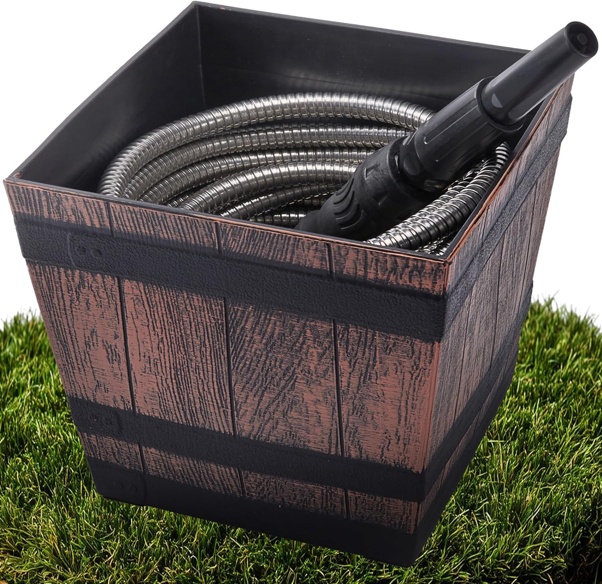 Bernini 40-Ft Metal Garden Hose with Storage Pot, Heavy-Duty, Flexible and Expandable Garden Hose, Kink-Free Stainless Steel, Includes Spray Nozzle & Brass Fittings