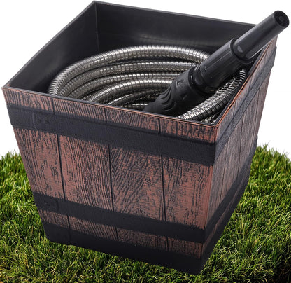 Bernini 40-Ft Metal Garden Hose with Storage Pot, Heavy-Duty, Flexible and Expandable Garden Hose, Kink-Free Stainless Steel, Includes Spray Nozzle & Brass Fittings
