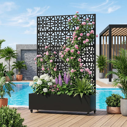 Casaphoria Metal Raised Garden Bed with Trellis and Wheels, 72"x47"x16" Planter Box for Climbing Plants, Vegetables & Vines, Features Drainage Holes and Privacy Screen (Black-Louver) - Colors B