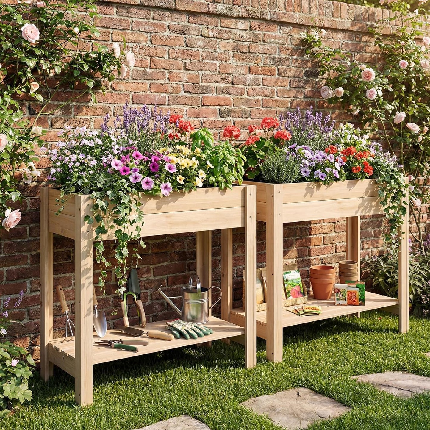 Giantex Wood Raised Garden Bed w/Folding Drop-Leaf Potting Table, Planter Box for Flower Herb Vegetable Fruit, Indoor Outdoor Elevated Raised Beds for Gardening, Backyard, Patio, Balcony