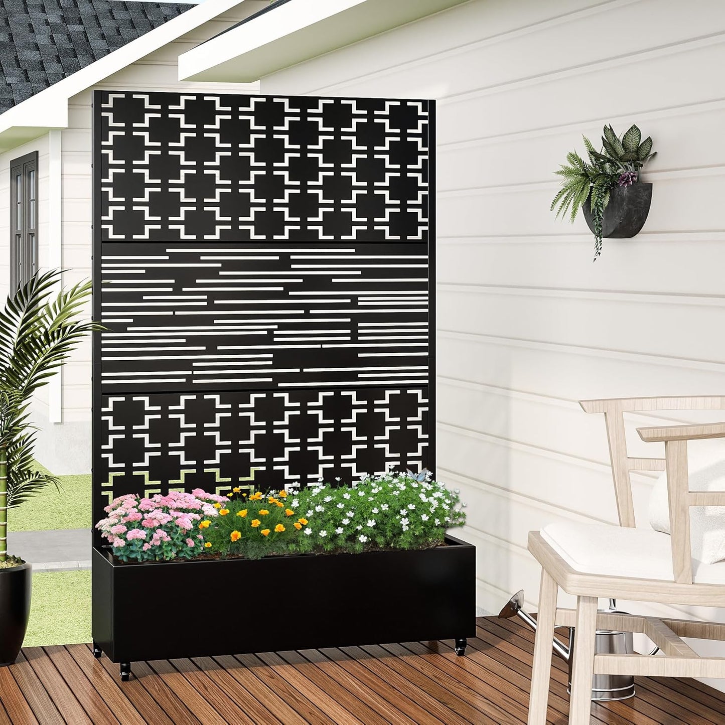 Casaphoria Metal Raised Garden Bed with Trellis and Wheels, 72"x47"x16" Planter Box for Climbing Plants, Vegetables & Vines, Features Drainage Holes and Privacy Screen (Black-Louver) - Colors C