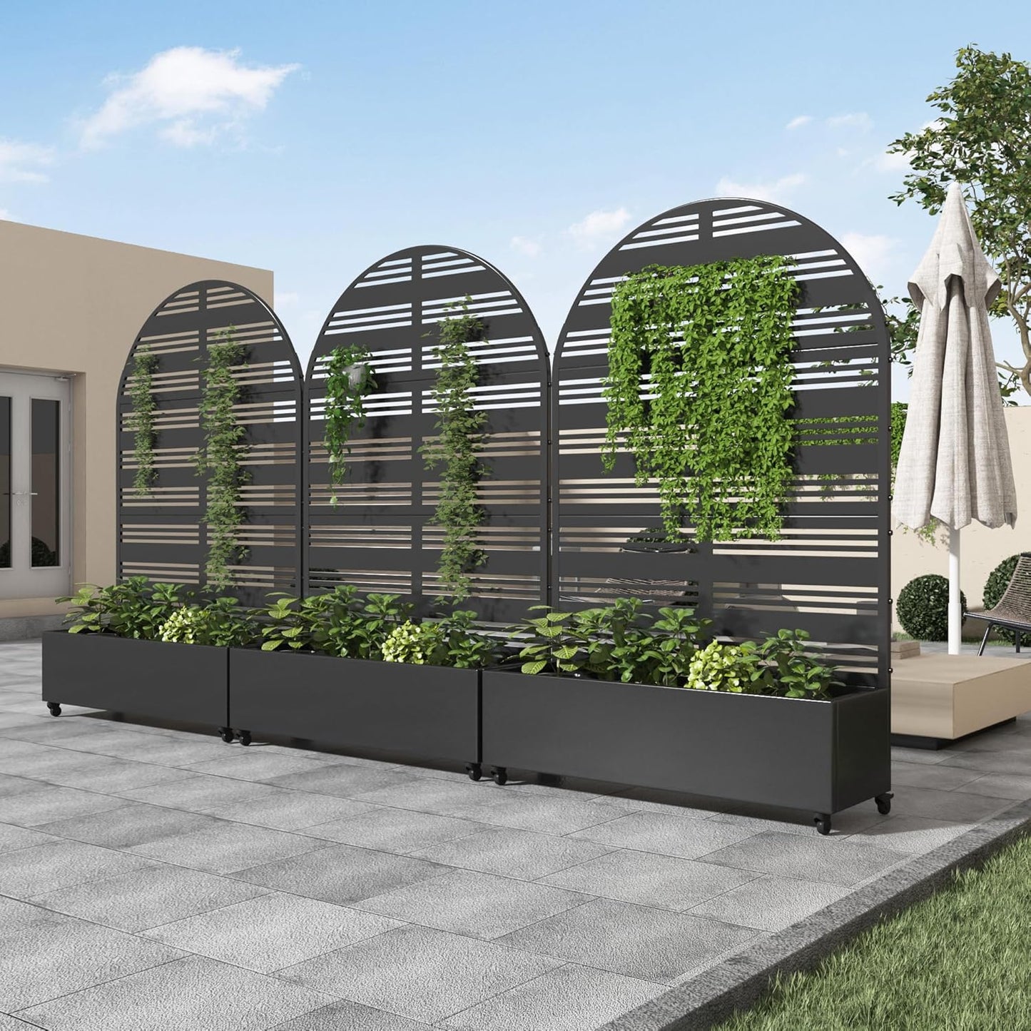 Casaphoria Metal Raised Garden Bed with Trellis and Wheels, 72"x47"x16" Planter Box for Climbing Plants, Vegetables & Vines, Features Drainage Holes and Privacy Screen (Black-Louver) - Colors C