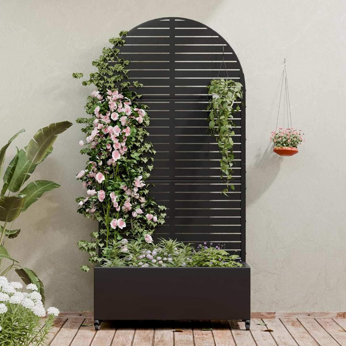 Casaphoria Metal Raised Garden Bed with Trellis and Wheels, 72"x47"x16" Planter Box for Climbing Plants, Vegetables & Vines, Features Drainage Holes and Privacy Screen (Black-Louver) - Colors A