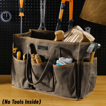 Tool Tote Bag, Heavy Duty 16oz Waxed Canvas Garden Tool Bag | Portable 11-Pocket Tool Storage Bag for Gardener Electrician Contractor Repairman (14"L x 5.5"W x 10.5"H) – Army Green