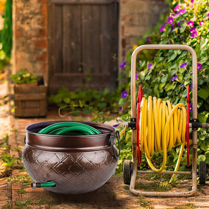 LifeSmart Garden Hose Pot Storage Holder with Copper Accents 16 x 12 Inches | Heavy Duty Water Hose Hider | Holds 150 ft Hose Outdoor and Indoor Use