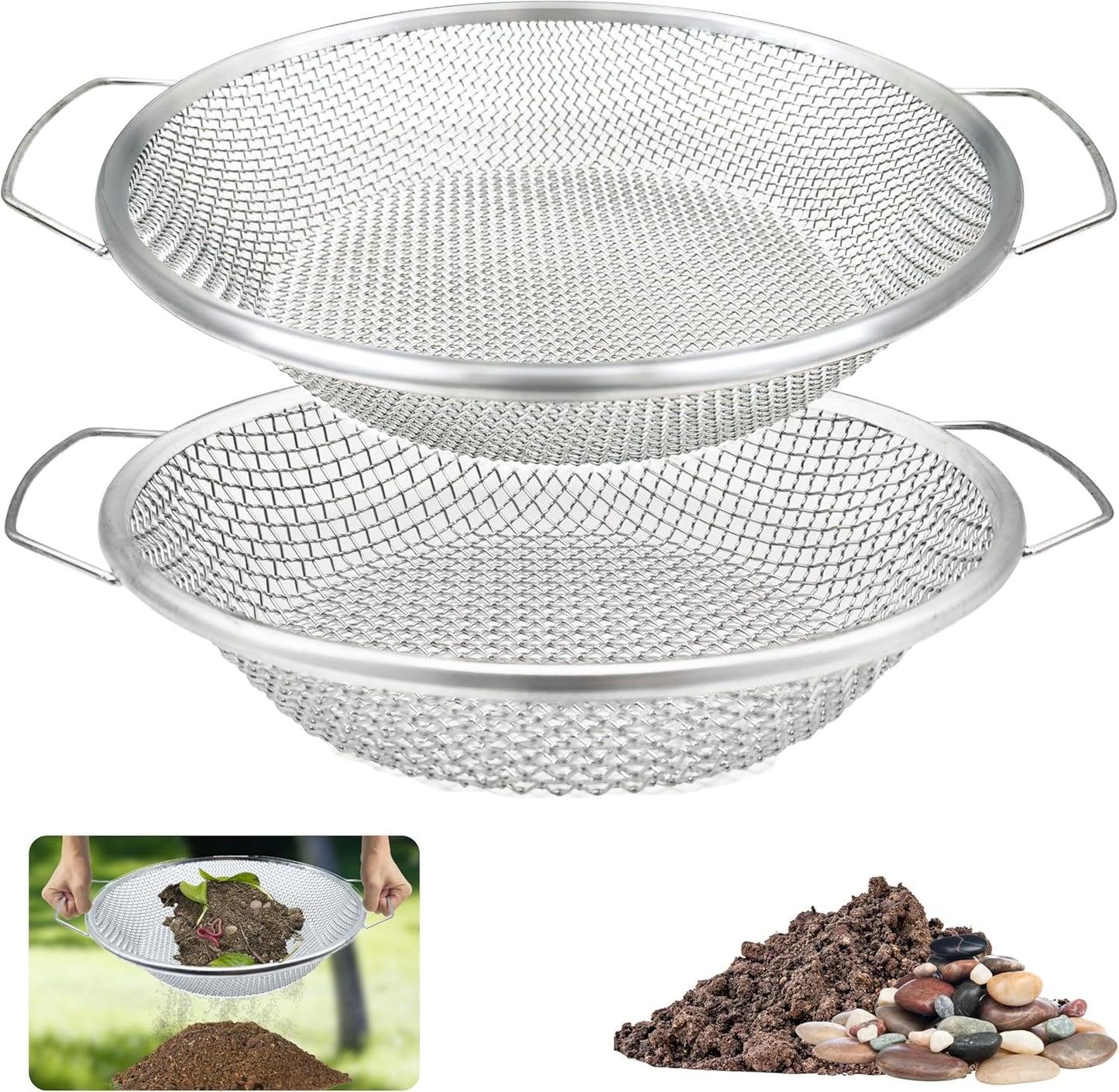 3PCS Soil Sifter for Gardening, Rock Sifter for 5gallon Bucket, Dirt Sifter Compost Sifter, Sifter for Gravel Sawdust Vermicompost, 3mm, 6mm,8mm, Soil Sifter with Handle