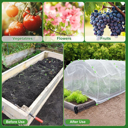 2 Set Garden Netting Kit for Raised Beds 4.9x2.3x1.5 ft Ultra Fine Mesh Plant Cover with Garden Hoops Drawstring & Clips Insect Netting Pest Barrier Screen for Vegetables Fruits Protection