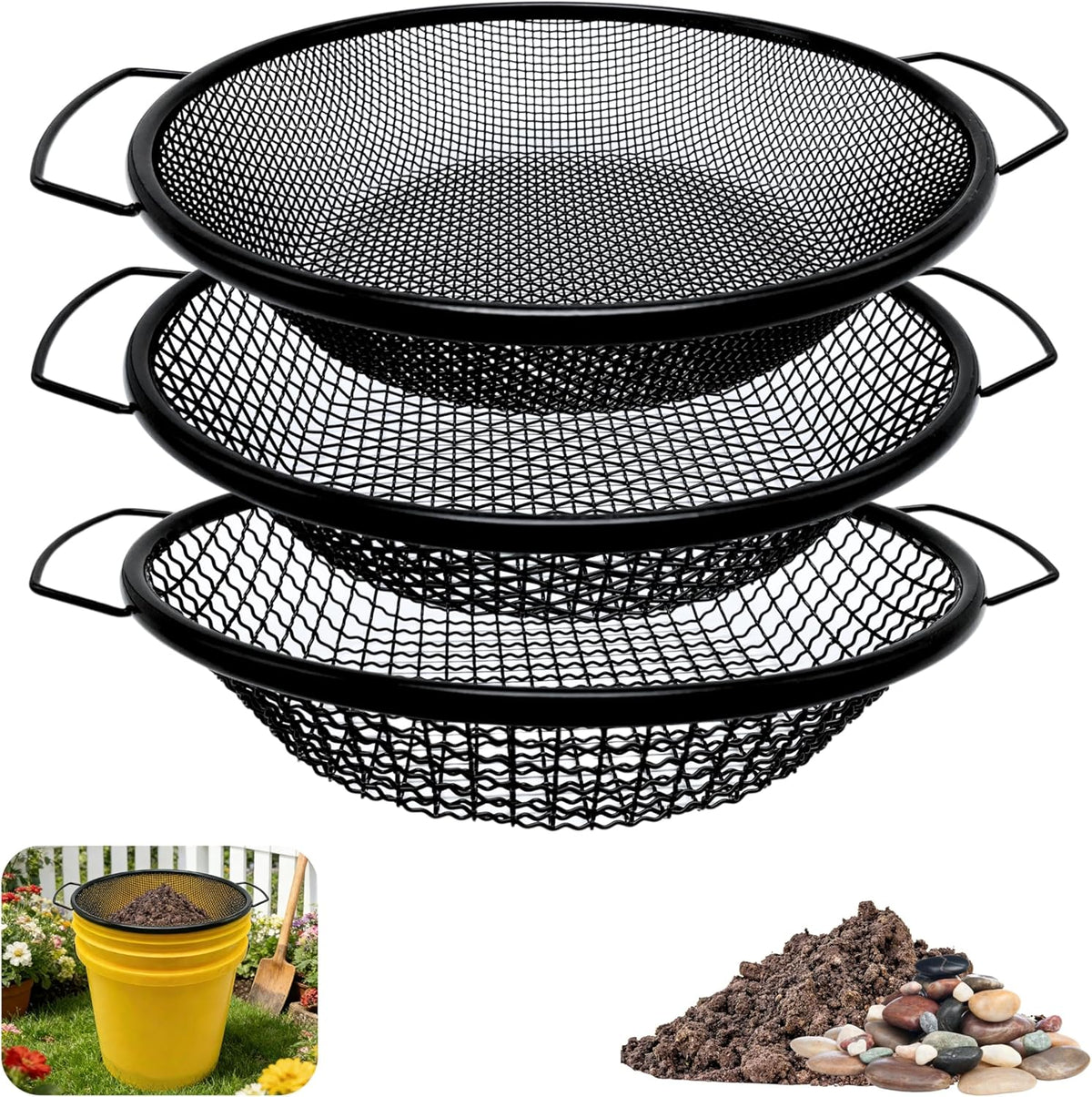 3PCS Soil Sifter for Gardening, Rock Sifter for 5gallon Bucket, Dirt Sifter Compost Sifter, Sifter for Gravel Sawdust Vermicompost, 3mm, 6mm,8mm, Soil Sifter with Handle