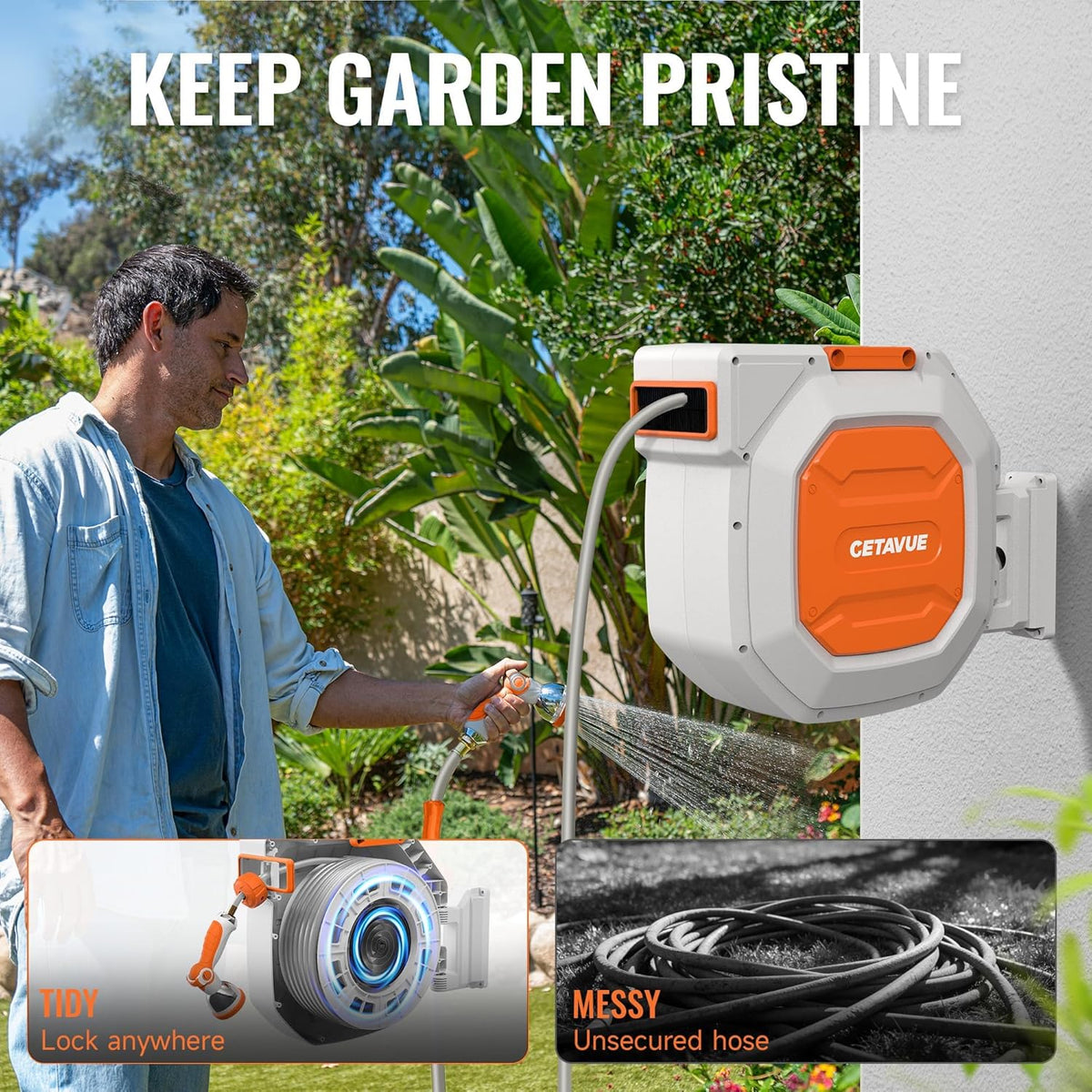 Retractable Garden Hose Reel 5/8 inch x 100 ft,Wall Mounted Heavy Duty Garden Hose Reel with 180°Swivel Bracket,Upgraded 10 Pattern Nozzle/Slow Return System(Black)