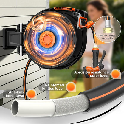 Mars Villa Retractable Garden Hose Reel 1/2 IN x 50 FT, Wall Mounted Heavy Duty Water Hose for Outside, Auto-Rewind & Any Length Lock, 180° Swivel Bracket, Slow Return, 10 Spray Patterns, UV-Resistant