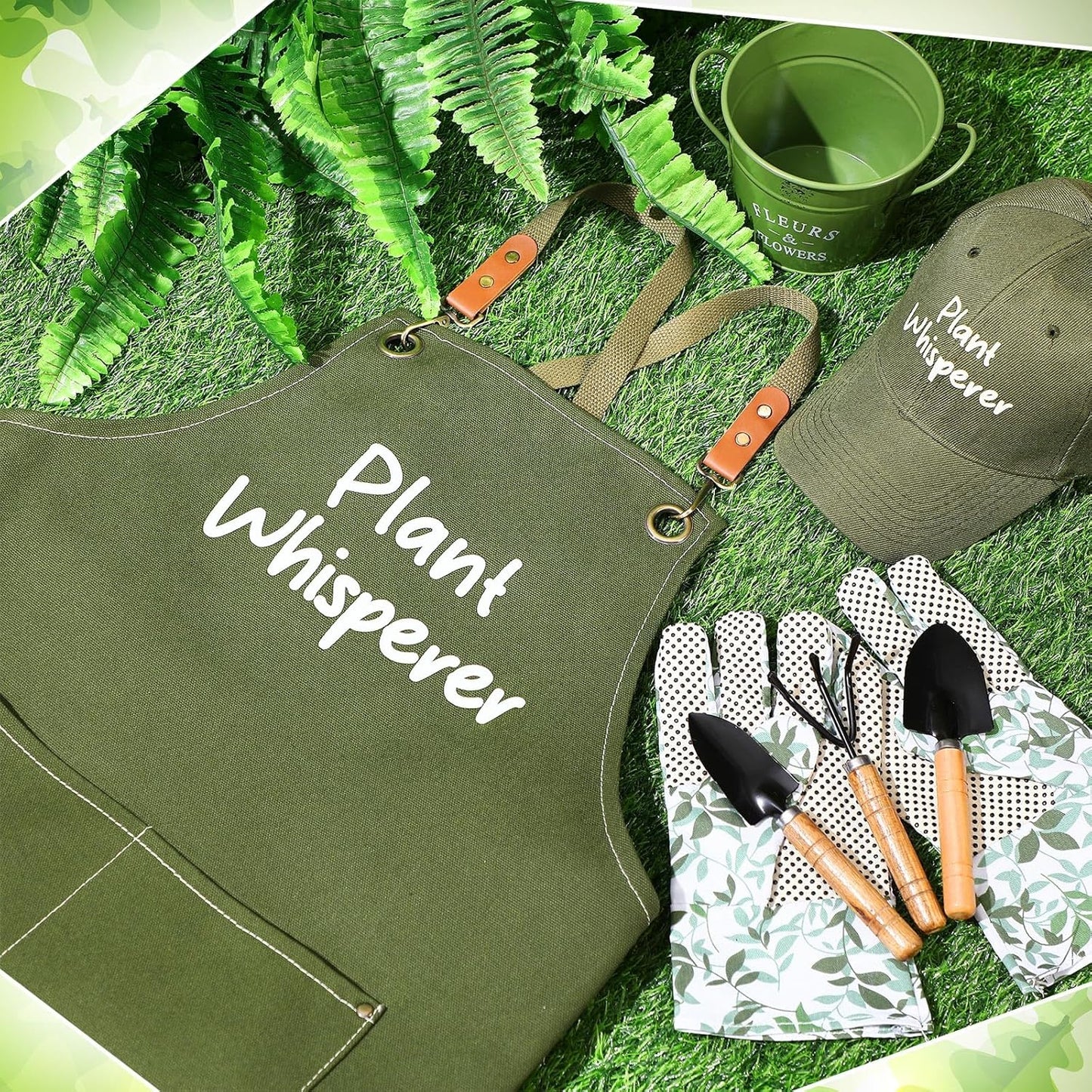 Tarpop Garden Tool Set Christmas Plant Whisperer Gardening Gifts for Women, 7 Pcs Vegetable Planting Tool Kit Cap Canvas Apron Gloves Soil Scoop Transplant Trowel Cultivator Flower Tub(Green)