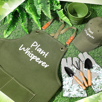 Tarpop Garden Tool Set Christmas Plant Whisperer Gardening Gifts for Women, 7 Pcs Vegetable Planting Tool Kit Cap Canvas Apron Gloves Soil Scoop Transplant Trowel Cultivator Flower Tub(Green)