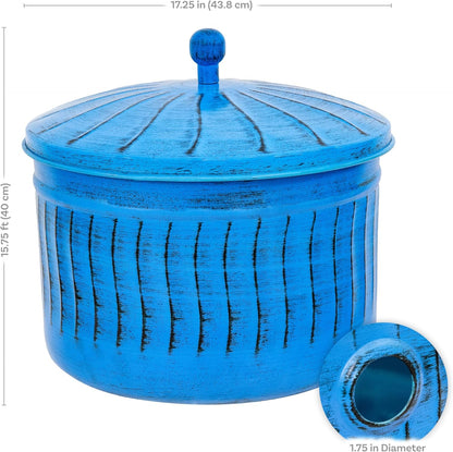 Sunnydaze Metal Garden Hose Pot for Outside with Lid - UV-Resistant 145-Foot Outdoor Hose Holder - Blue Patina Finish