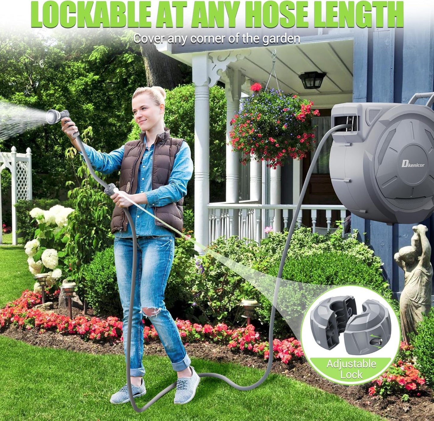 5/8" × 110 ft Retractable Hose Reel, Heavy Duty Retractable Garden Hose Reel Wall Mounted with 10-Pattern Hose Nozzle/Any Length Lock/Slow Return System/180°Swivel Bracket