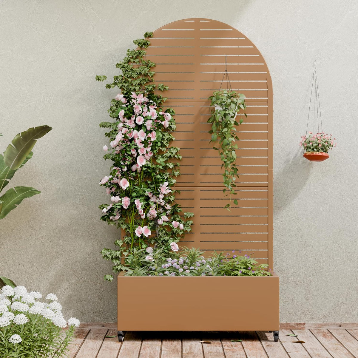 Casaphoria Metal Raised Garden Bed with Trellis and Wheels, 72"x47"x16" Planter Box for Climbing Plants, Vegetables & Vines, Features Drainage Holes and Privacy Screen (Black-Louver) - Colors D