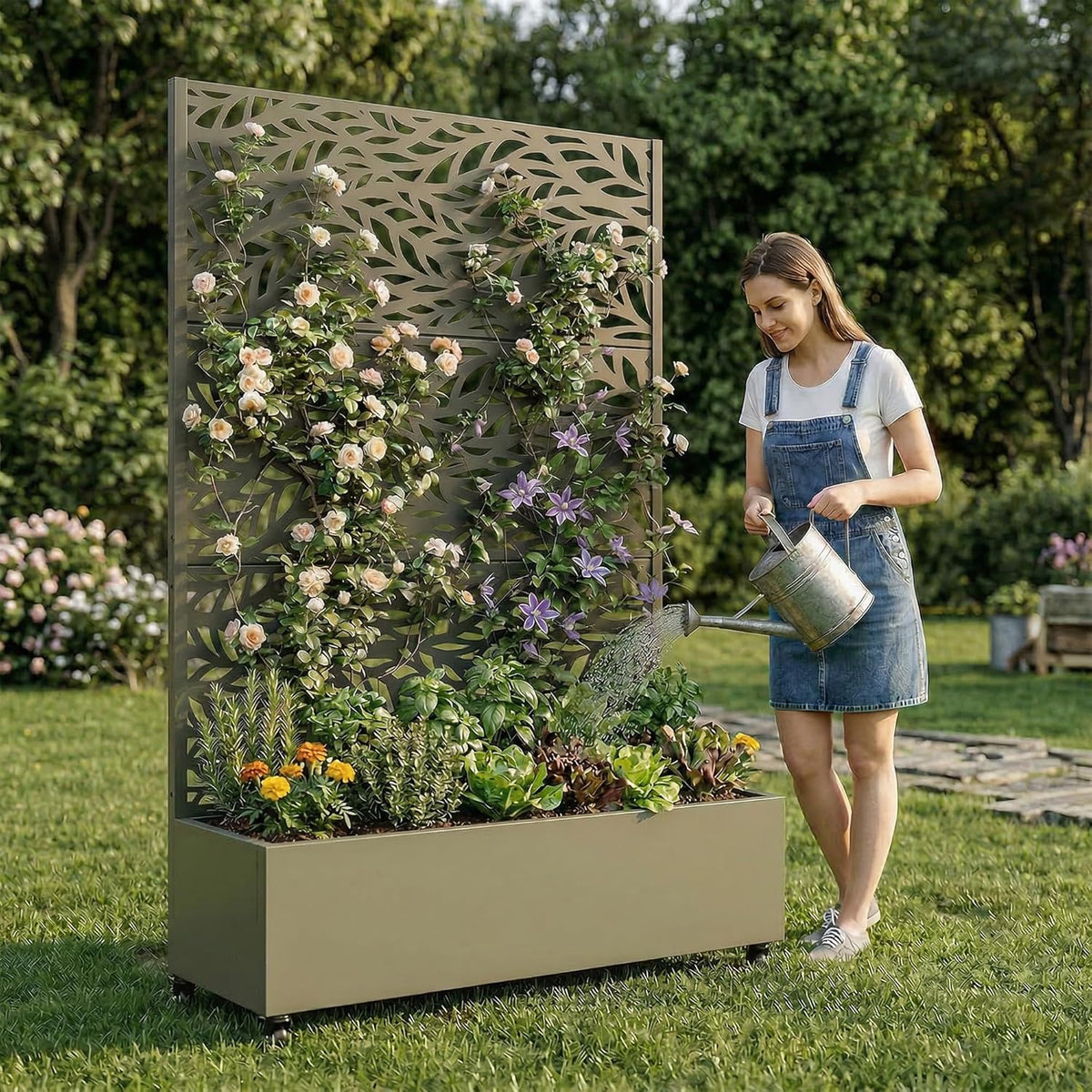 Casaphoria Metal Raised Garden Bed with Trellis and Wheels, 72"x47"x16" Planter Box for Climbing Plants, Vegetables & Vines, Features Drainage Holes and Privacy Screen (Black-Louver) - Colors D