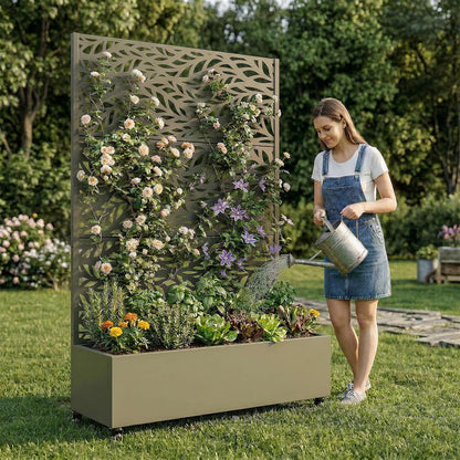 Casaphoria Metal Raised Garden Bed with Trellis and Wheels, 72"x47"x16" Planter Box for Climbing Plants, Vegetables & Vines, Features Drainage Holes and Privacy Screen (Black-Louver) - Colors D