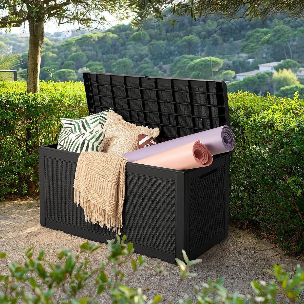 Devoko 100 Gallon Waterproof Large Resin Deck Box Indoor Outdoor Lockable Storage Container for Patio Furniture Cushions Garden Tools (100 Gallon, Black)