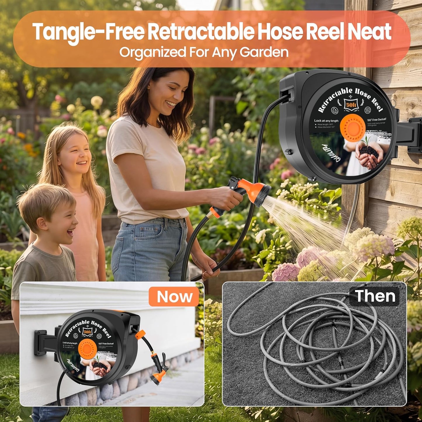 Retractable Garden Hose Reel, 50 ft x 1/2" Wall Mounted 180° Swivel Bracket, Any Length Lock, Slow Return System, 10-Pattern Nozzle for Garden Watering, Car Washing, Patio Cleaning & Outdoor Use