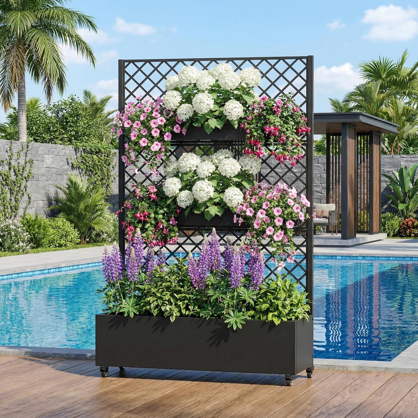 Casaphoria Metal Raised Garden Bed with Trellis and Wheels, 72"x47"x16" Planter Box for Climbing Plants, Vegetables & Vines, Features Drainage Holes and Privacy Screen (Black-Louver) - Colors D