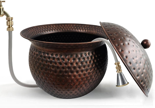 Garden Hose Holder Pot with Lid - Hose Storage Pot with Copper Finish and Hammered Accent - Stell Water Hose Container, Water Hose Hider Outdoor or Indoor Use