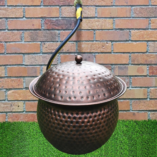 Garden Hose Holder Pot with Lid - Hose Storage Pot with Copper Finish and Hammered Accent - Stell Water Hose Container, Water Hose Hider Outdoor or Indoor Use