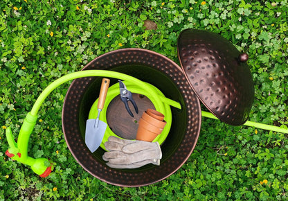 Garden Hose Holder Pot with Lid - Hose Storage Pot with Copper Finish and Hammered Accent - Stell Water Hose Container, Water Hose Hider Outdoor or Indoor Use