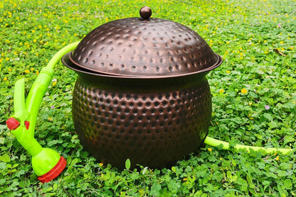 Garden Hose Holder Pot with Lid - Hose Storage Pot with Copper Finish and Hammered Accent - Stell Water Hose Container, Water Hose Hider Outdoor or Indoor Use