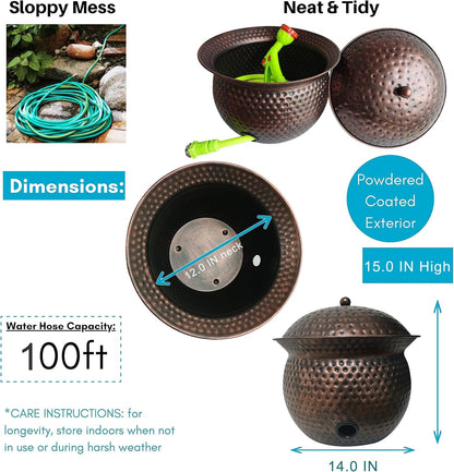 Garden Hose Holder Pot with Lid - Hose Storage Pot with Copper Finish and Hammered Accent - Stell Water Hose Container, Water Hose Hider Outdoor or Indoor Use