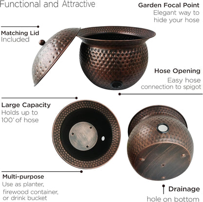 Garden Hose Holder Pot with Lid - Hose Storage Pot with Copper Finish and Hammered Accent - Stell Water Hose Container, Water Hose Hider Outdoor or Indoor Use