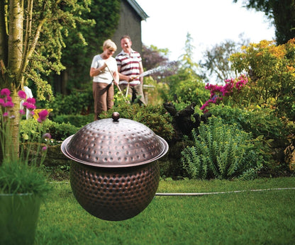 Garden Hose Holder Pot with Lid - Hose Storage Pot with Copper Finish and Hammered Accent - Stell Water Hose Container, Water Hose Hider Outdoor or Indoor Use