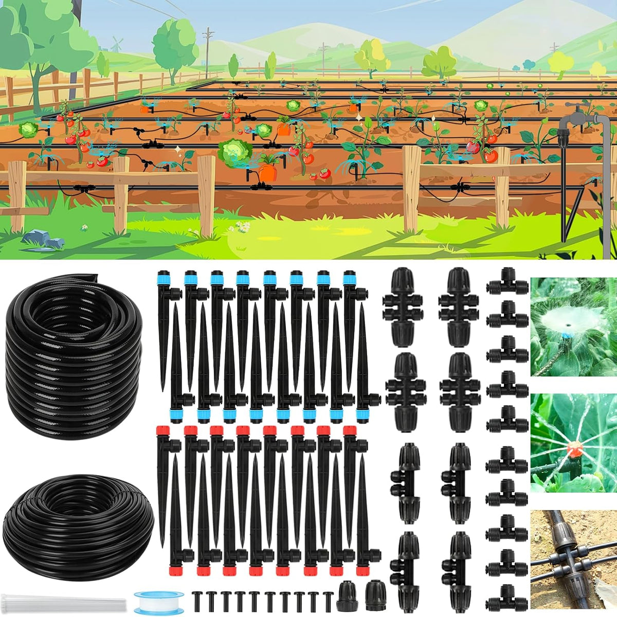 128FT Drip Irrigation System Kit, Automatic Garden Watering Kit with 1/2 Inch Hose & 1/4 Inch Distribution Tubing & Accessories for Yard, Lawn, Greenhouse, Raised Bed, Patio & Outdoor Plants