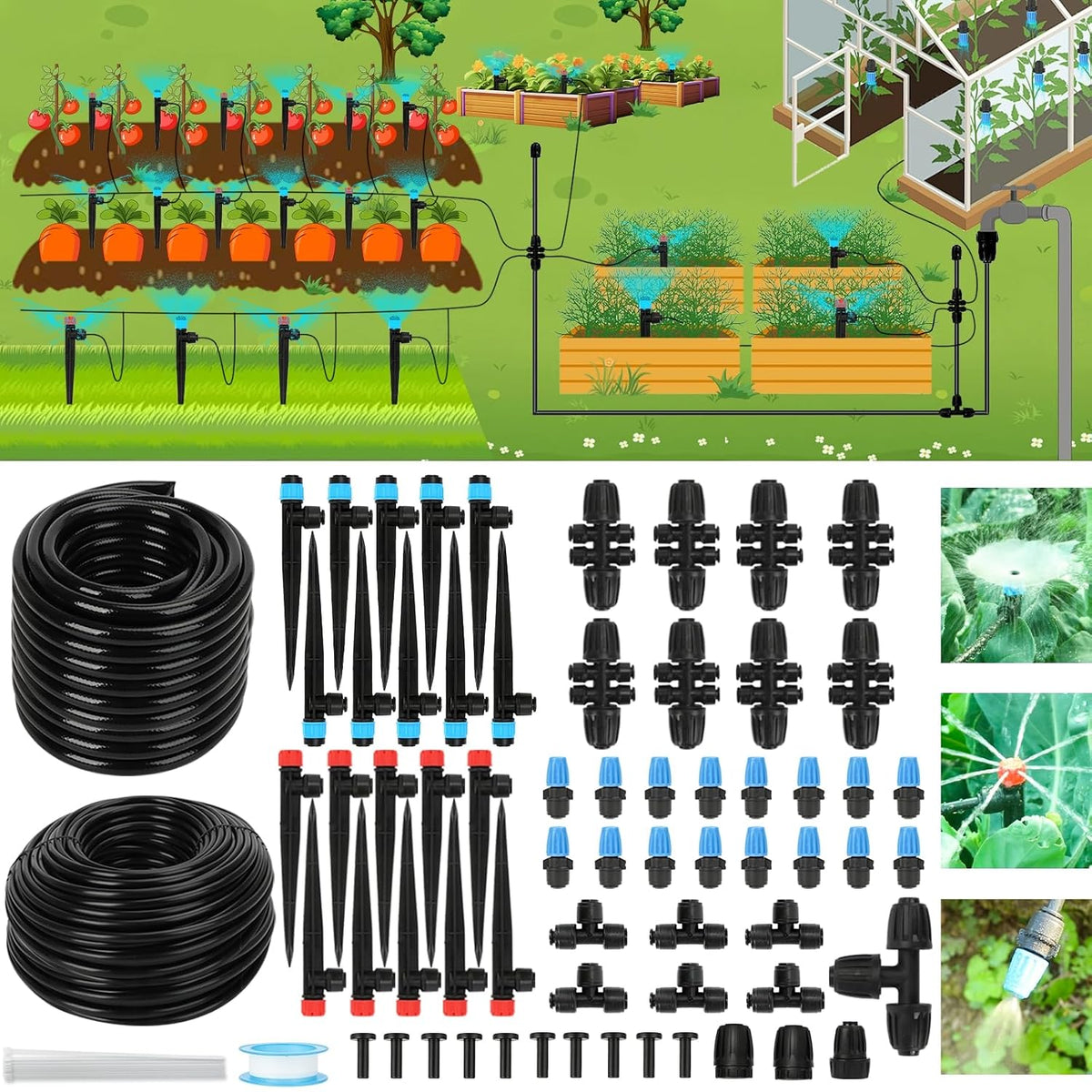 128FT Drip Irrigation System Kit, Automatic Garden Watering Kit with 1/2 Inch Hose & 1/4 Inch Distribution Tubing & Accessories for Yard, Lawn, Greenhouse, Raised Bed, Patio & Outdoor Plants