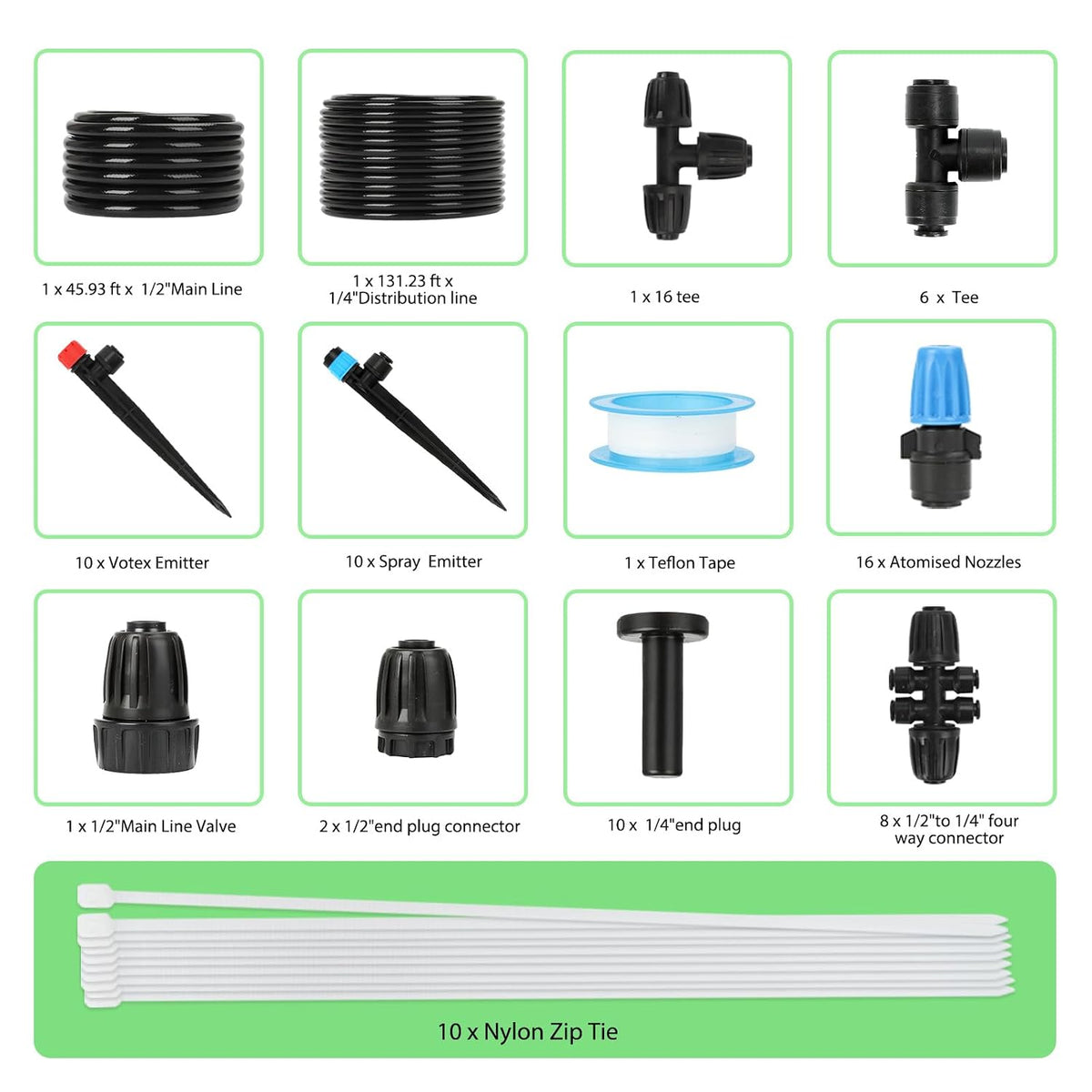 128FT Drip Irrigation System Kit, Automatic Garden Watering Kit with 1/2 Inch Hose & 1/4 Inch Distribution Tubing & Accessories for Yard, Lawn, Greenhouse, Raised Bed, Patio & Outdoor Plants
