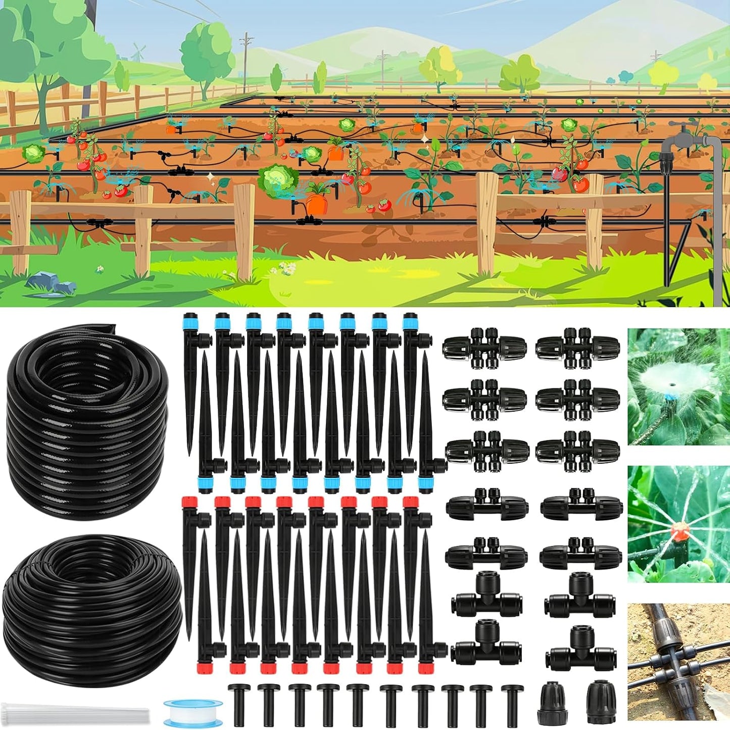 128FT Drip Irrigation System Kit, Automatic Garden Watering Kit with 1/2 Inch Hose & 1/4 Inch Distribution Tubing & Accessories for Yard, Lawn, Greenhouse, Raised Bed, Patio & Outdoor Plants