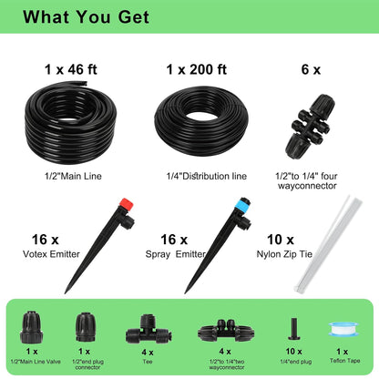 128FT Drip Irrigation System Kit, Automatic Garden Watering Kit with 1/2 Inch Hose & 1/4 Inch Distribution Tubing & Accessories for Yard, Lawn, Greenhouse, Raised Bed, Patio & Outdoor Plants