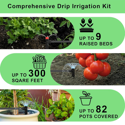 128FT Drip Irrigation System Kit, Automatic Garden Watering Kit with 1/2 Inch Hose & 1/4 Inch Distribution Tubing & Accessories for Yard, Lawn, Greenhouse, Raised Bed, Patio & Outdoor Plants