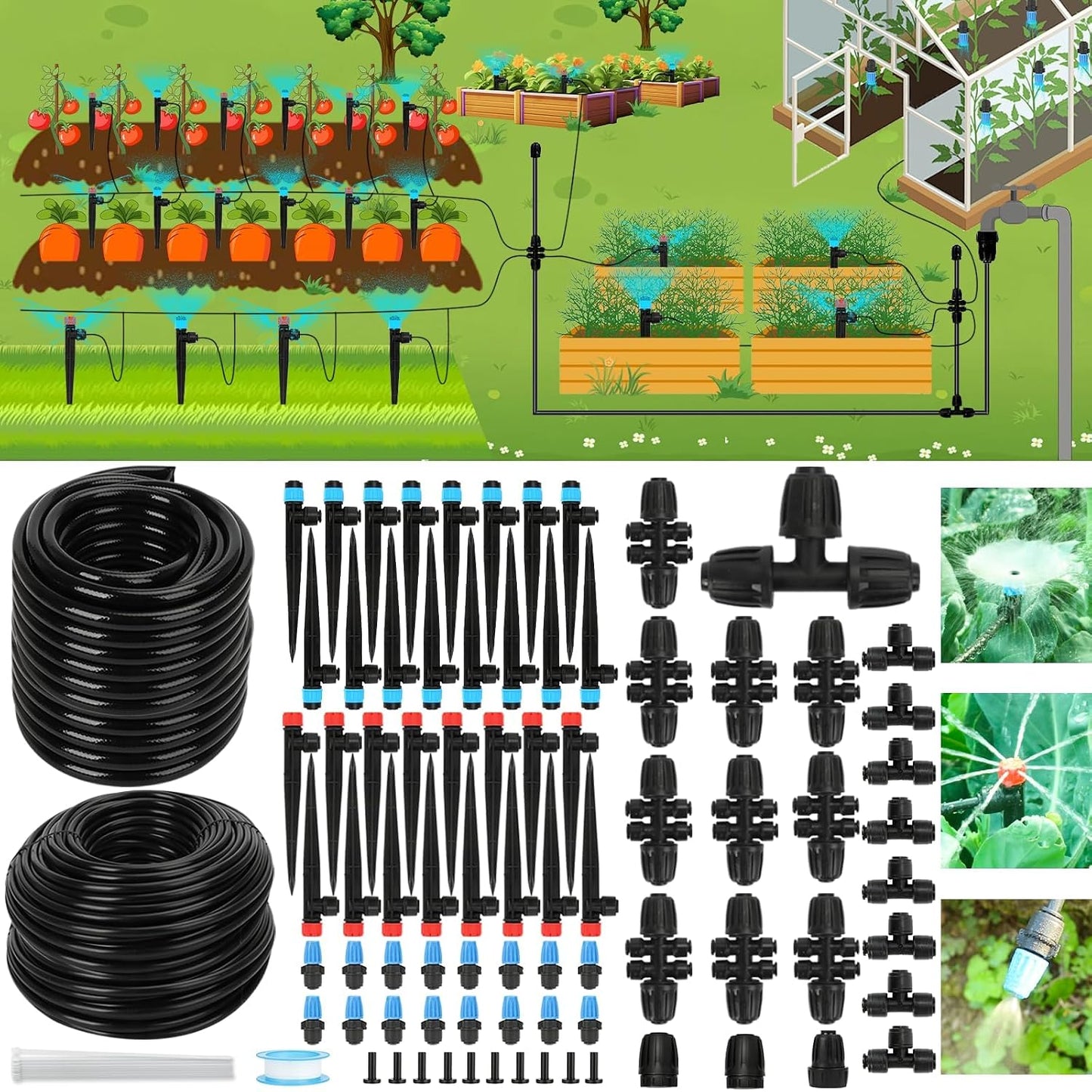 128FT Drip Irrigation System Kit, Automatic Garden Watering Kit with 1/2 Inch Hose & 1/4 Inch Distribution Tubing & Accessories for Yard, Lawn, Greenhouse, Raised Bed, Patio & Outdoor Plants