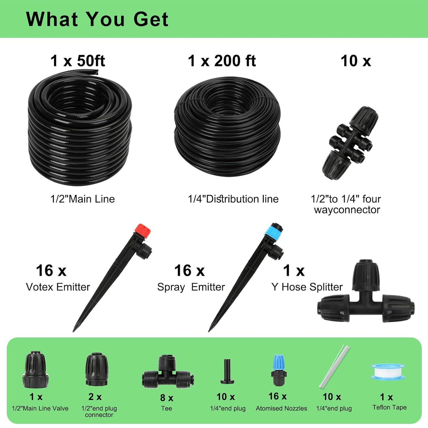 128FT Drip Irrigation System Kit, Automatic Garden Watering Kit with 1/2 Inch Hose & 1/4 Inch Distribution Tubing & Accessories for Yard, Lawn, Greenhouse, Raised Bed, Patio & Outdoor Plants