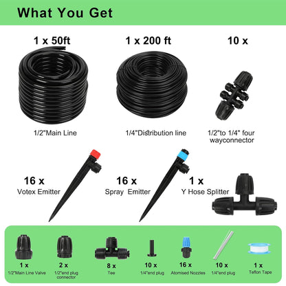 128FT Drip Irrigation System Kit, Automatic Garden Watering Kit with 1/2 Inch Hose & 1/4 Inch Distribution Tubing & Accessories for Yard, Lawn, Greenhouse, Raised Bed, Patio & Outdoor Plants