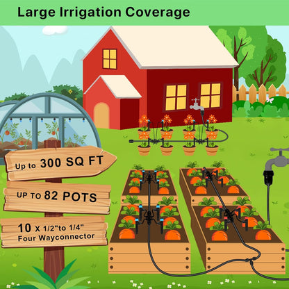 128FT Drip Irrigation System Kit, Automatic Garden Watering Kit with 1/2 Inch Hose & 1/4 Inch Distribution Tubing & Accessories for Yard, Lawn, Greenhouse, Raised Bed, Patio & Outdoor Plants