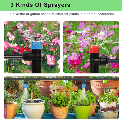 128FT Drip Irrigation System Kit, Automatic Garden Watering Kit with 1/2 Inch Hose & 1/4 Inch Distribution Tubing & Accessories for Yard, Lawn, Greenhouse, Raised Bed, Patio & Outdoor Plants