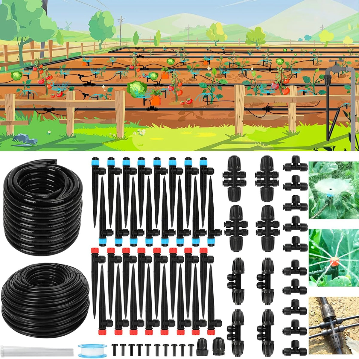 128FT Drip Irrigation System Kit, Automatic Garden Watering Kit with 1/2 Inch Hose & 1/4 Inch Distribution Tubing & Accessories for Yard, Lawn, Greenhouse, Raised Bed, Patio & Outdoor Plants