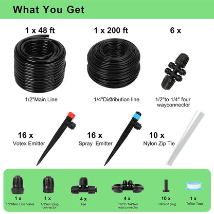 128FT Drip Irrigation System Kit, Automatic Garden Watering Kit with 1/2 Inch Hose & 1/4 Inch Distribution Tubing & Accessories for Yard, Lawn, Greenhouse, Raised Bed, Patio & Outdoor Plants