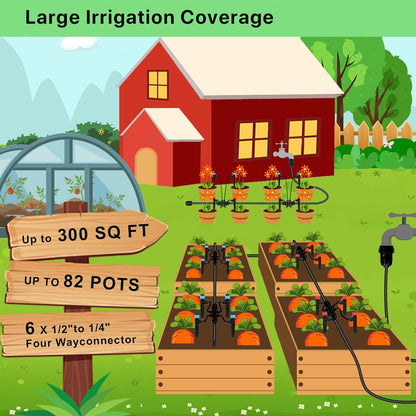 128FT Drip Irrigation System Kit, Automatic Garden Watering Kit with 1/2 Inch Hose & 1/4 Inch Distribution Tubing & Accessories for Yard, Lawn, Greenhouse, Raised Bed, Patio & Outdoor Plants