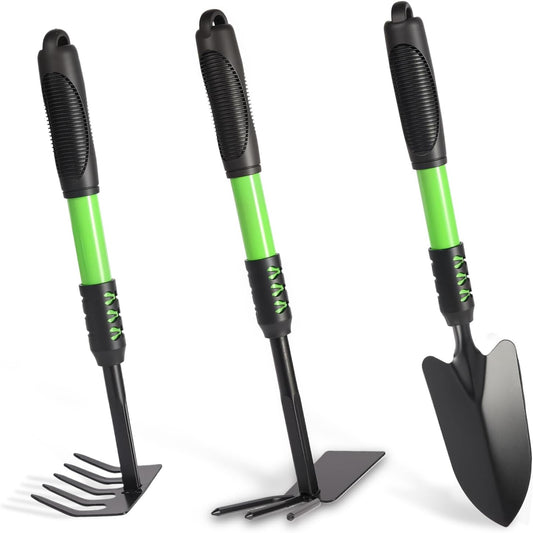Gardening Tool, 3 Pack Lightweight Heavy Duty Spade Shovel, Garden Tools and Hand Rake with Soft Rubber Non-Slip Handle, for Gardenging Planting Weeding Digging, Green