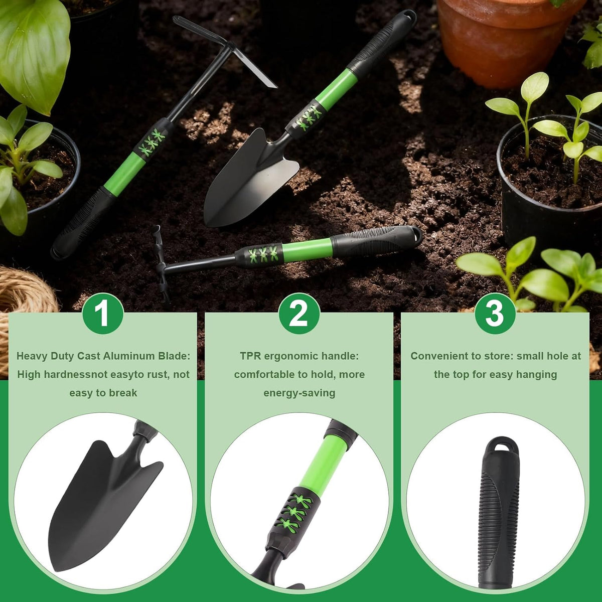 Gardening Tool, 3 Pack Lightweight Heavy Duty Spade Shovel, Garden Tools and Hand Rake with Soft Rubber Non-Slip Handle, for Gardenging Planting Weeding Digging, Green