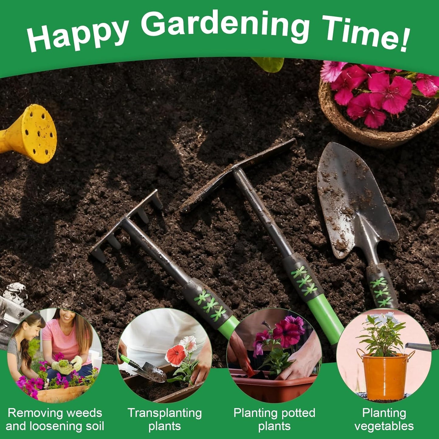 Gardening Tool, 3 Pack Lightweight Heavy Duty Spade Shovel, Garden Tools and Hand Rake with Soft Rubber Non-Slip Handle, for Gardenging Planting Weeding Digging, Green